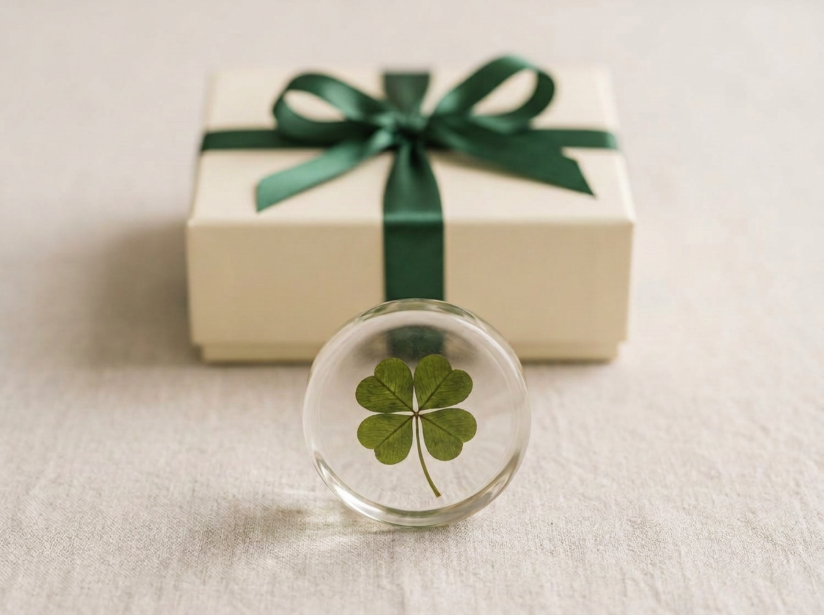 Prestige cream keepsake gift box with a green ribbon beside a resin paperweight preserving a real four-leaf clover